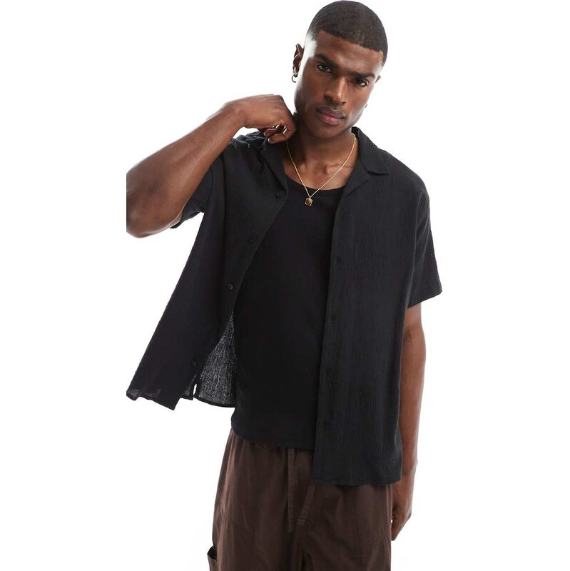 Jack & Jones revere collar shirt in crinkle texture black