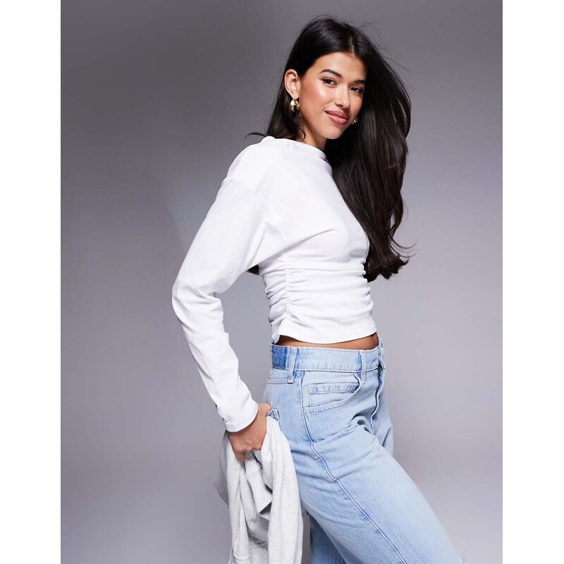 ASOS DESIGN off shoulder ruched side long sleeve top in ivory-White 105592162
