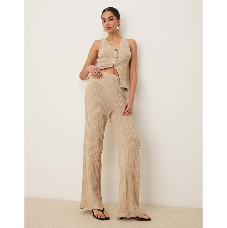 ASOS DESIGN co-ord semi sheer knit wide leg trouser in stone-Neutral 115684606