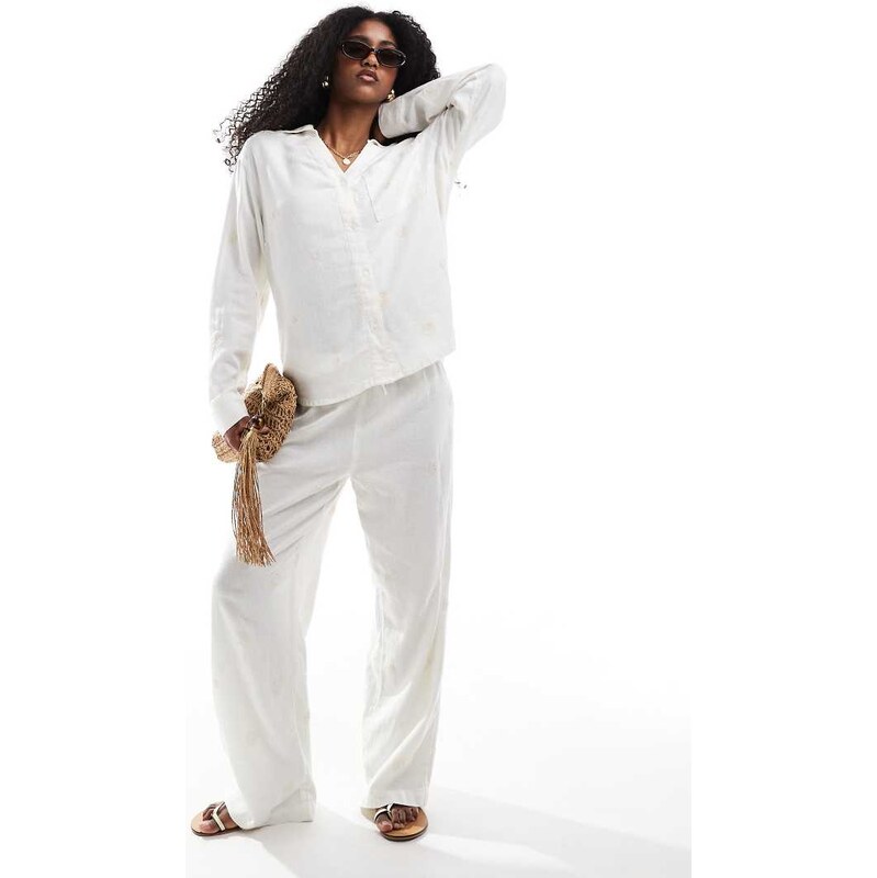 ONLY linen embroidered wide leg pull on trousers co-ord in white 105596368