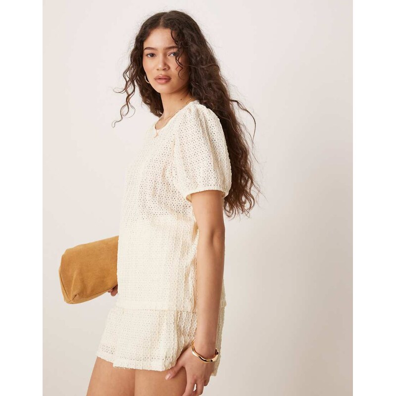 Vila textured puff sleeve t-shirt co-ord in cream-White 105597726