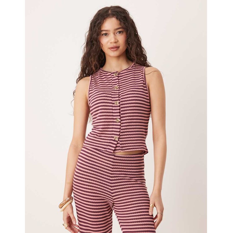 ASOS DESIGN knitted button through vest co-ord in pink and burgundy 105597802