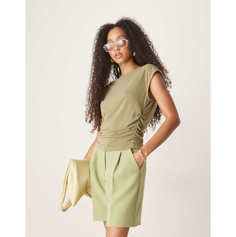 ASOS DESIGN ruched side top with slash neck in sage-Green 105597838