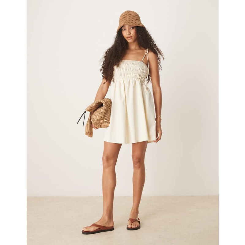 ASOS DESIGN shirred bust cotton poplin mini dress in buttermilk