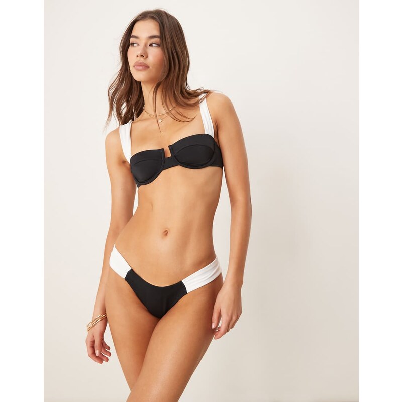 Free Society contrast ruched side bikini bottom in black 105597852