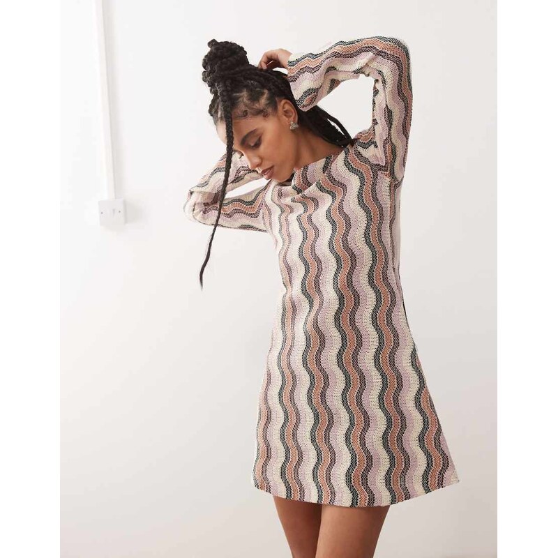 Reclaimed Vintage stripe crochet flare sleeve festival mini dress in 107020786