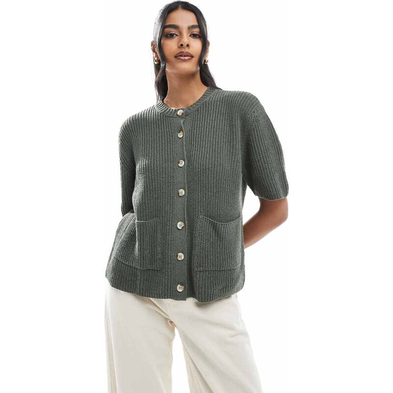 ASOS DESIGN knitted cardigan with patch pockets in khaki-Green 105604083