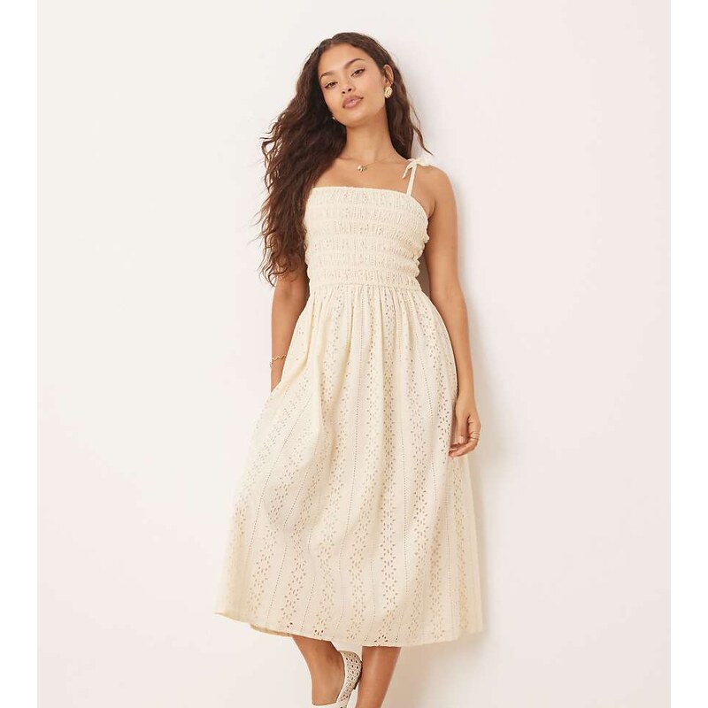Miss Selfridge petite strappy broderie maxi dress in buttermilk-Yellow 105612839