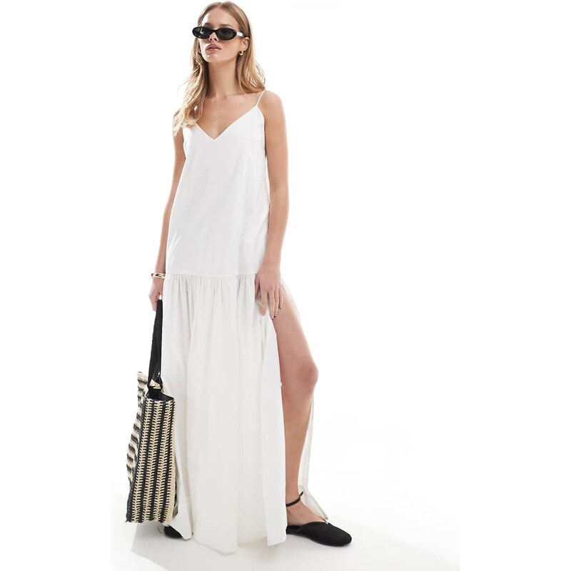 Monki tiered floaty maxi dress with low tie back detail in white