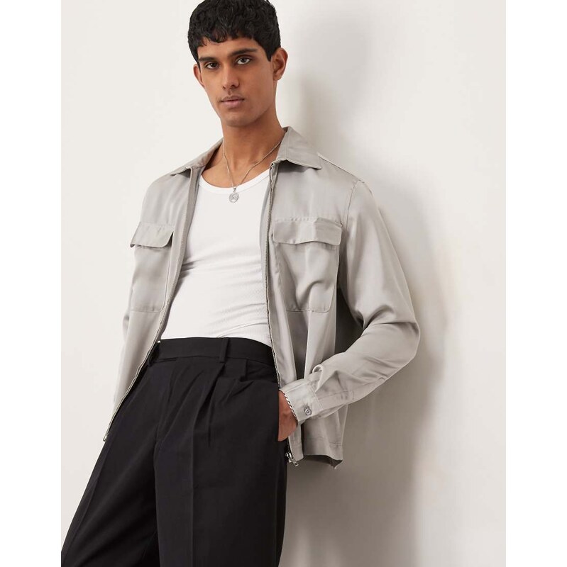 ASOS DESIGN boxy overshirt with patch pockets and zip in grey
