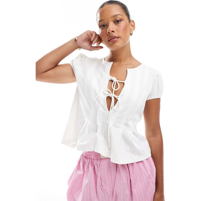 ASOS DESIGN pleated tie front top in cream-White