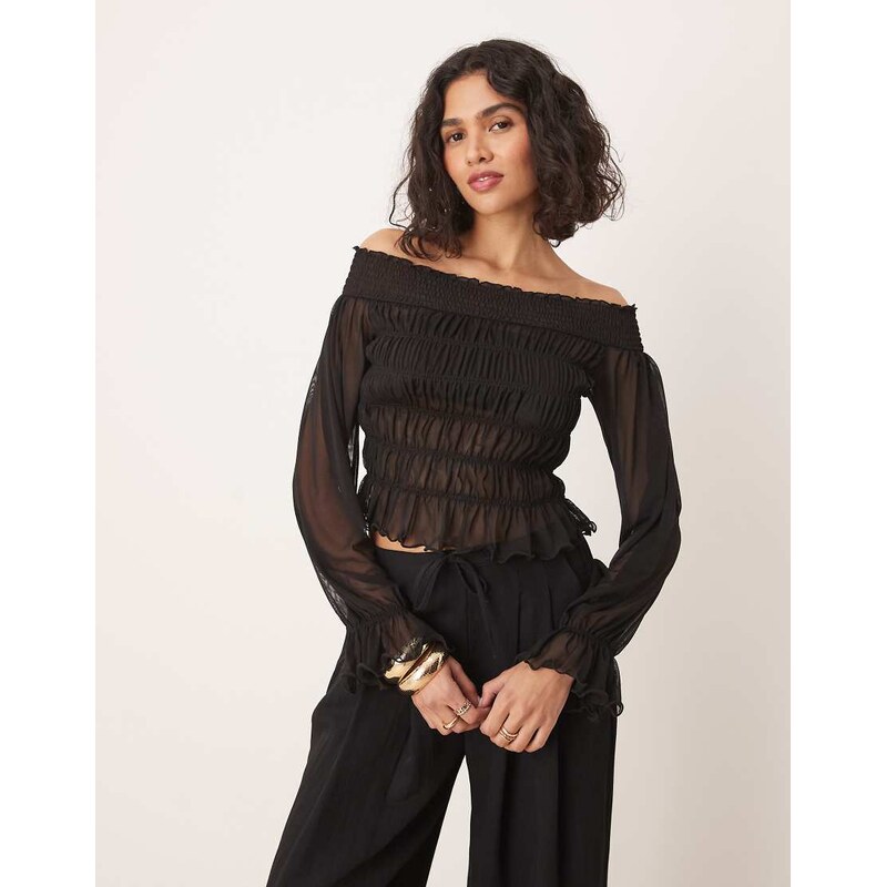 ASOS DESIGN bardot shirred long sleeve top in black 105726282