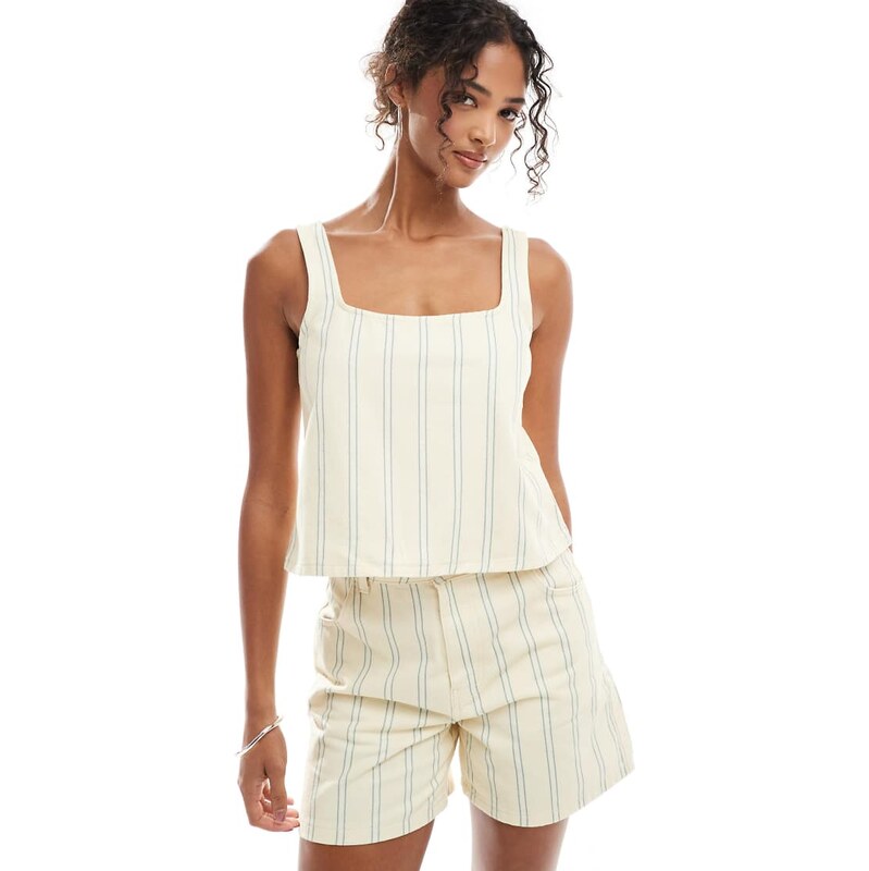 ASOS DESIGN square neck denim top in buttermilk stripe-Yellow 105618809