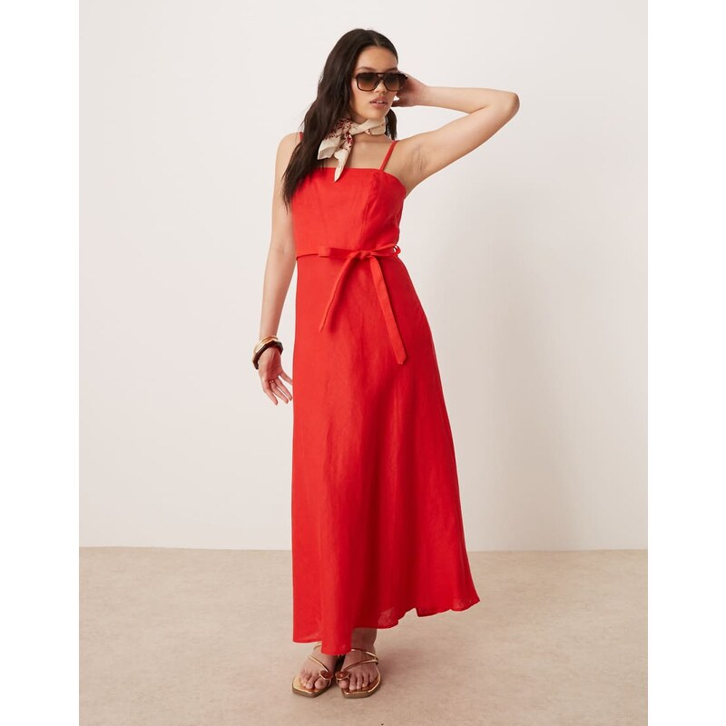 Mango 100% linen square neck midi dress with belt detail in red 105626877