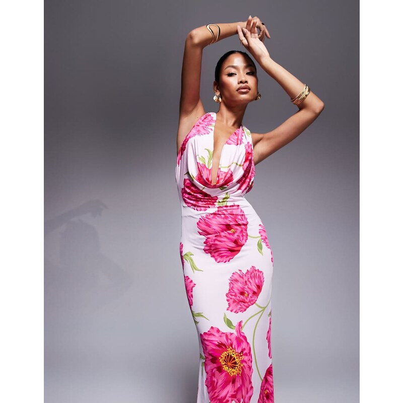 AFRM knit cowl neck halter neck maxi dress in pink floral 105635207
