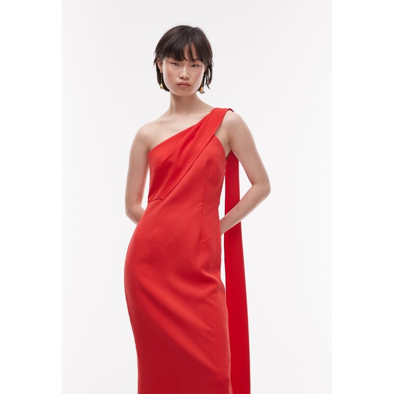 Mango one sholder draped dress in red