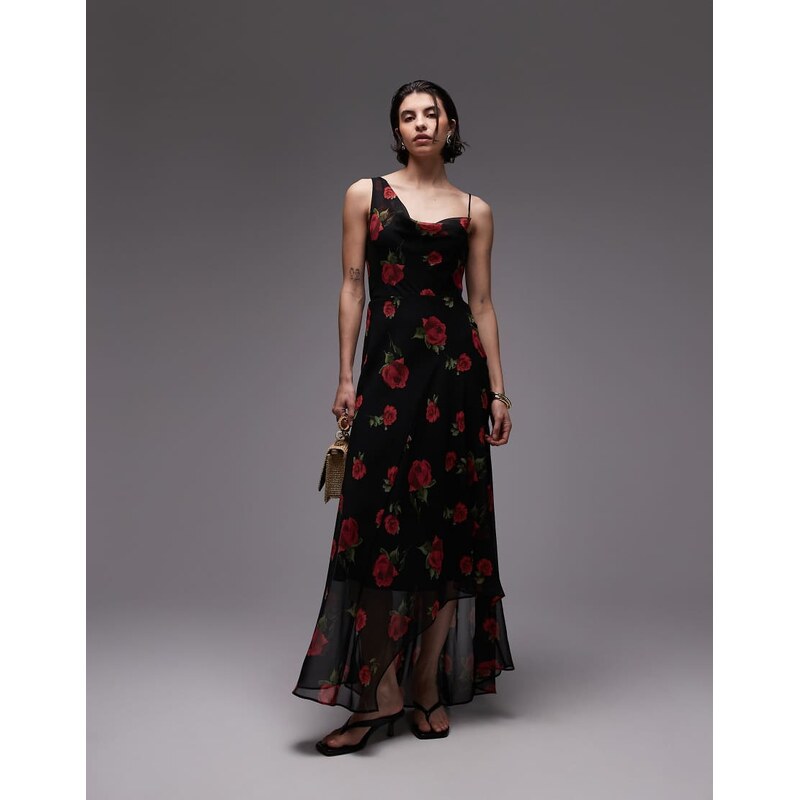 Mango one shoulder maxi dress in black floral print 105852086