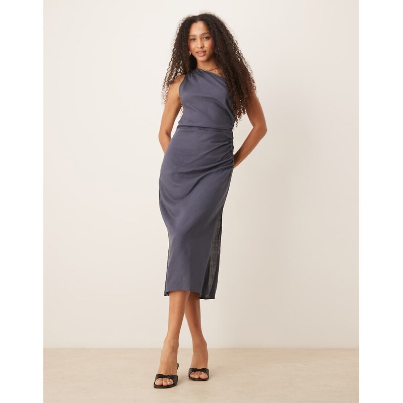 Mango linen mix one shoulder dress with ruched side in dusty blue 105626847