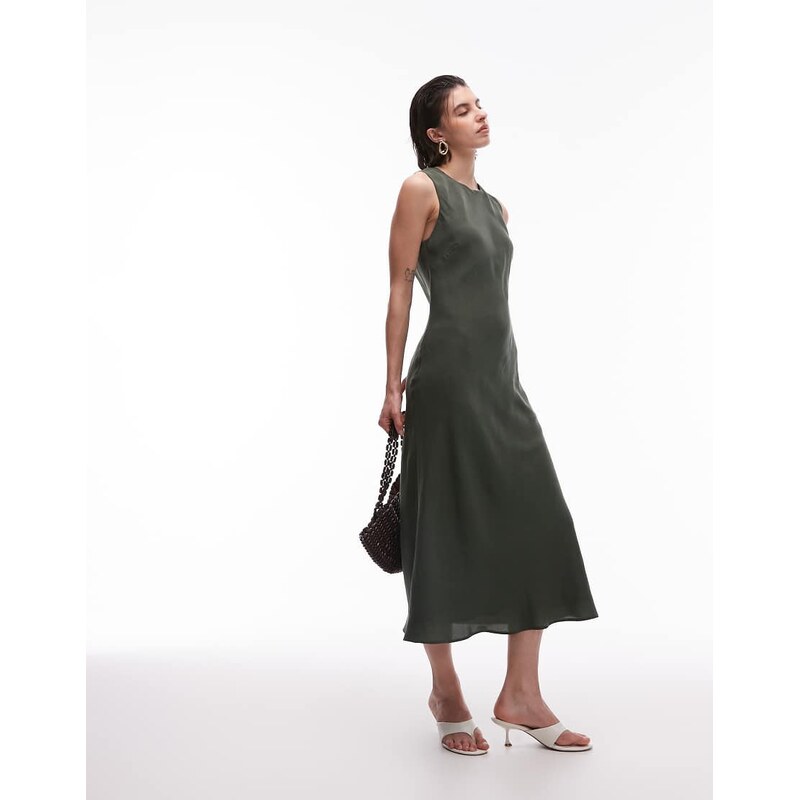 Mango satin midi dress in olive green 106023185