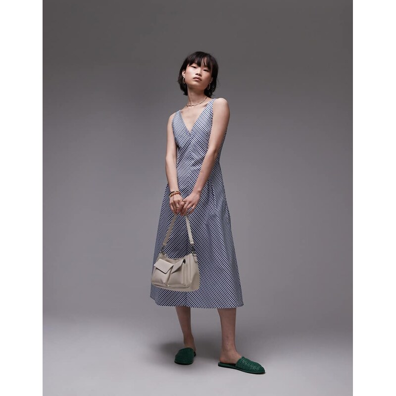 Mango v neck cotton midi dress in blue stripe 105626875