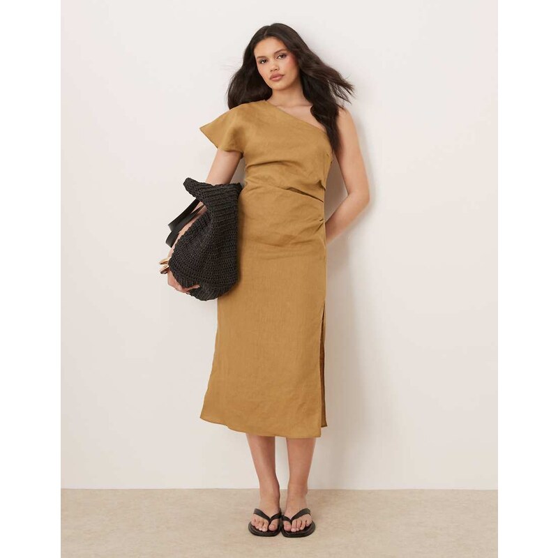 Mango 100% linen one shoulder midi dress with ruched waist in