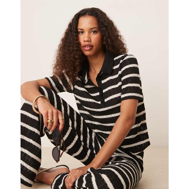 JDY crochet polo co-ord in black & white stripes 106274341