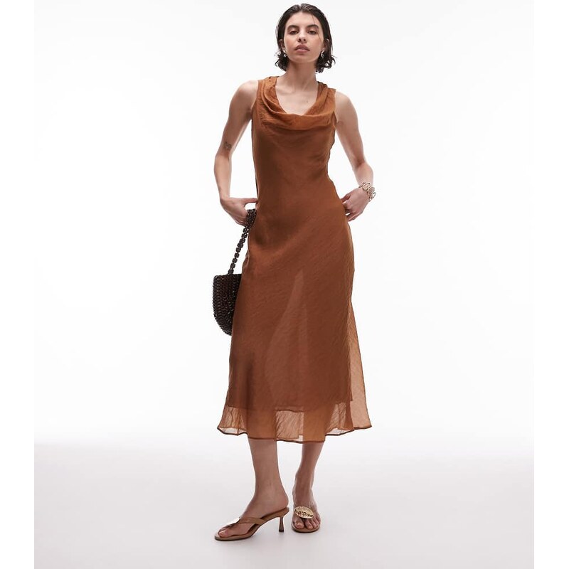 Mango cowl neck satin midi dress in brown 105627000
