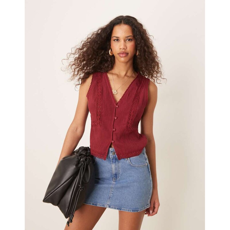 ASOS DESIGN lace trim waistcoat in dark red