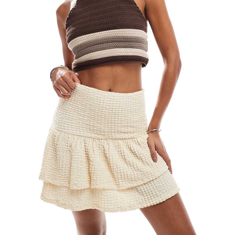 ASOS DESIGN tiered mini skirt with dropped hem detail in ecru-White 105635239