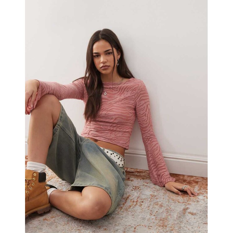 Reclaimed Vintage flared sleeve pink burnout top in pink