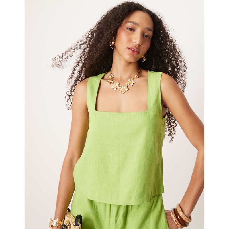 JJXX co-ord square neck linen blend top in green 105682827