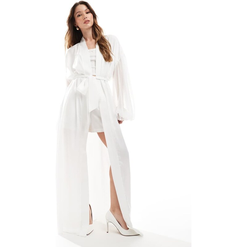 Six Stories Bridal chiffon sleeve satin maxi robe in ivory-White 105661609