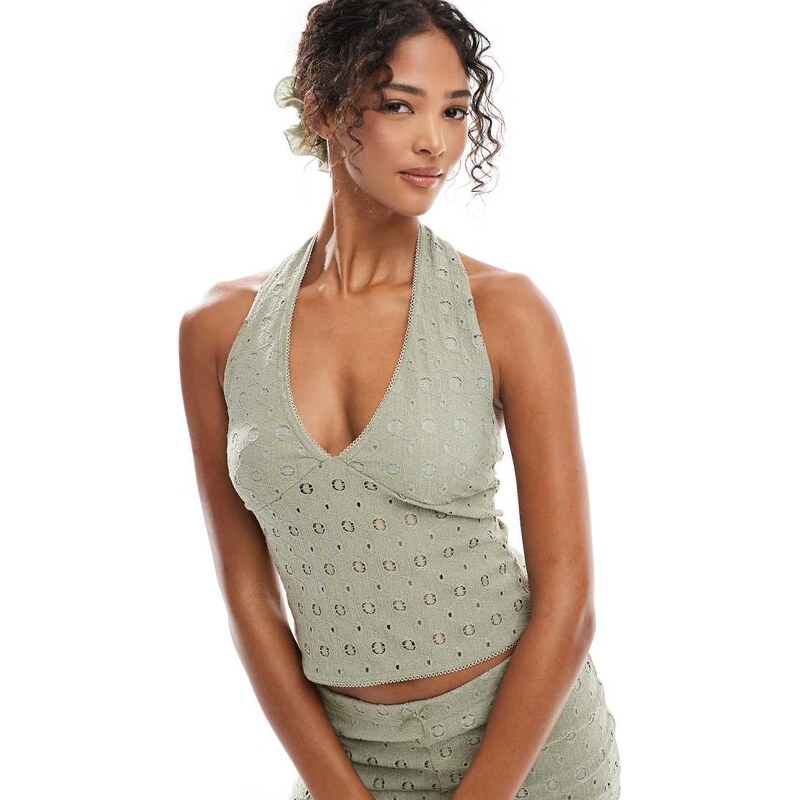 Miss Selfridge crochet jersey v neck top co ord in khaki-Green 112547197
