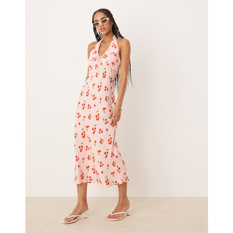 Nobodys Child Lyne halter neck midi dress in pink tomato print