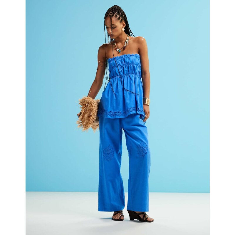 SNDYS linen blend poplin flower applique wide leg trousers in bright 105733459