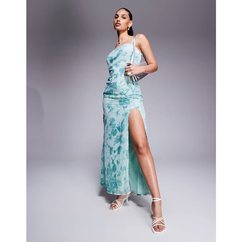 Princess Polly devore square neck thigh split maxi dress in green 105633698