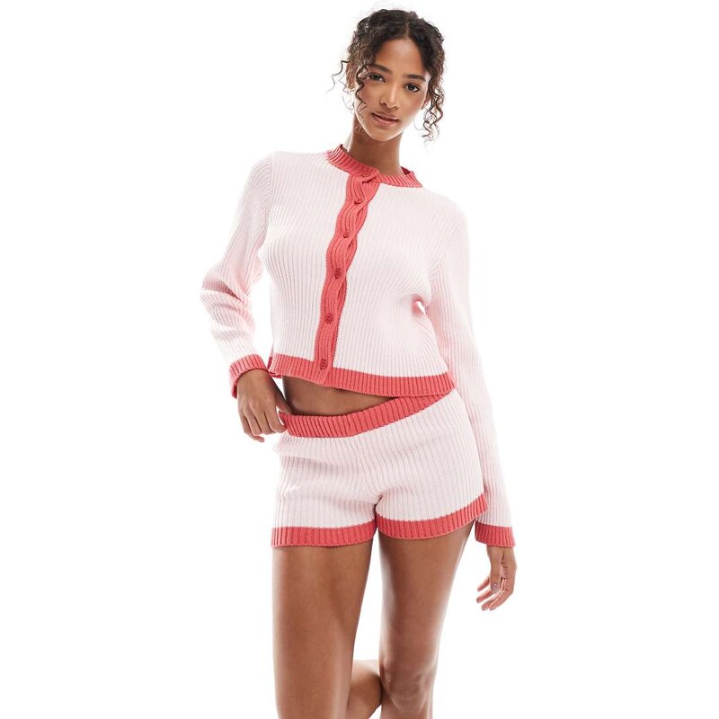 ASOS DESIGN knitted micro short co-ord in red and pink 105635189