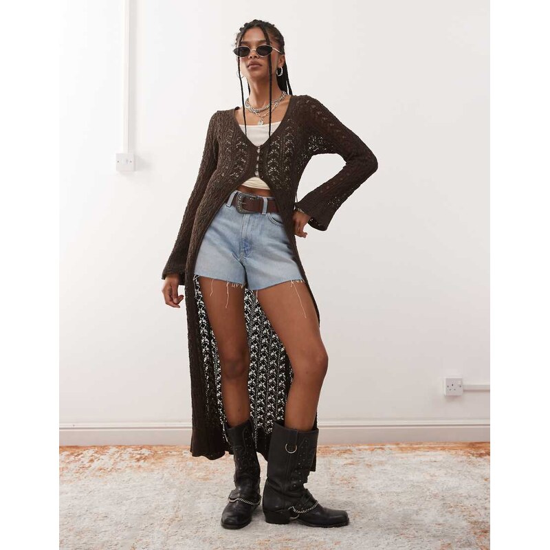 Reclaimed Vintage pointelle maxi cardigan in brown