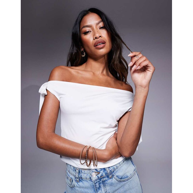 ASOS DESIGN slinky off the shoulder bow tie detail in ivory-White 105635242