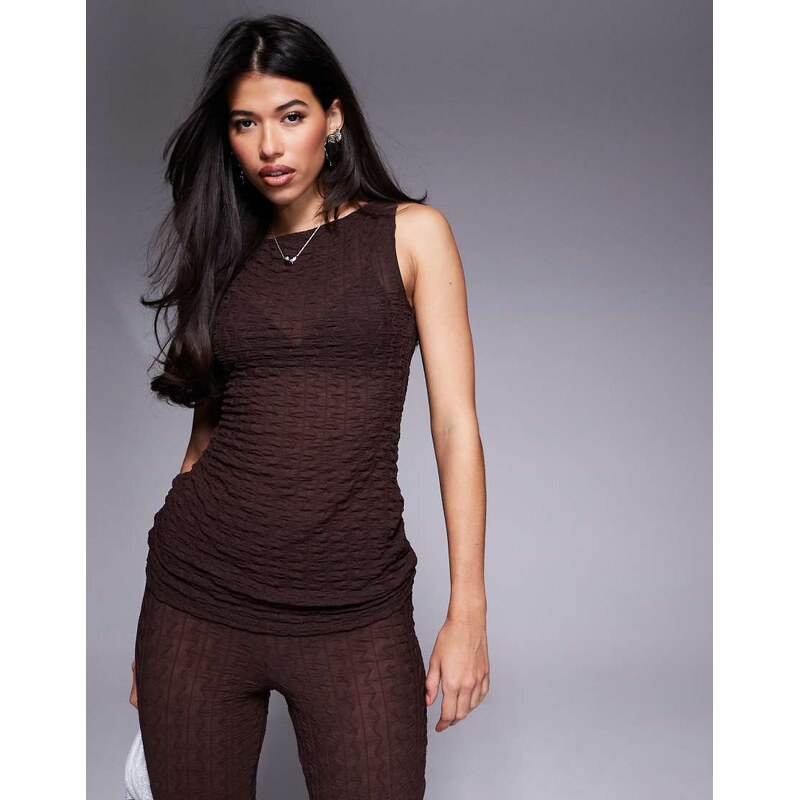 ASOS DESIGN co-ord semi sheer texture wide neck longline top in brown 105635302