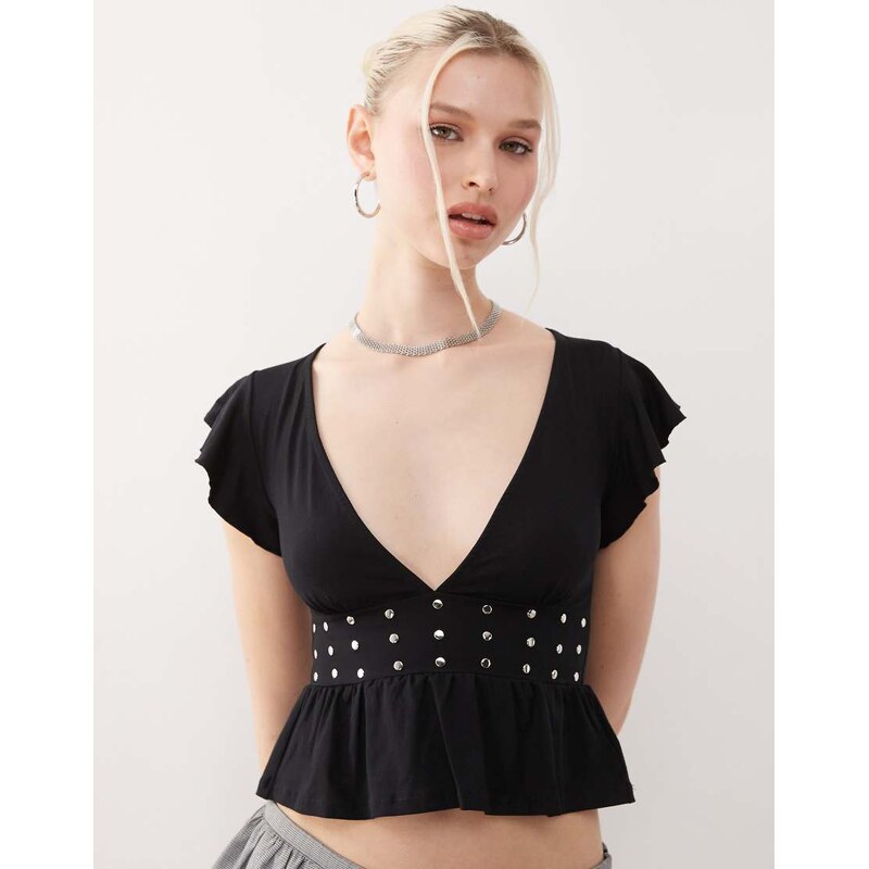 Motel leisma frill sleeve studded plunge top in black