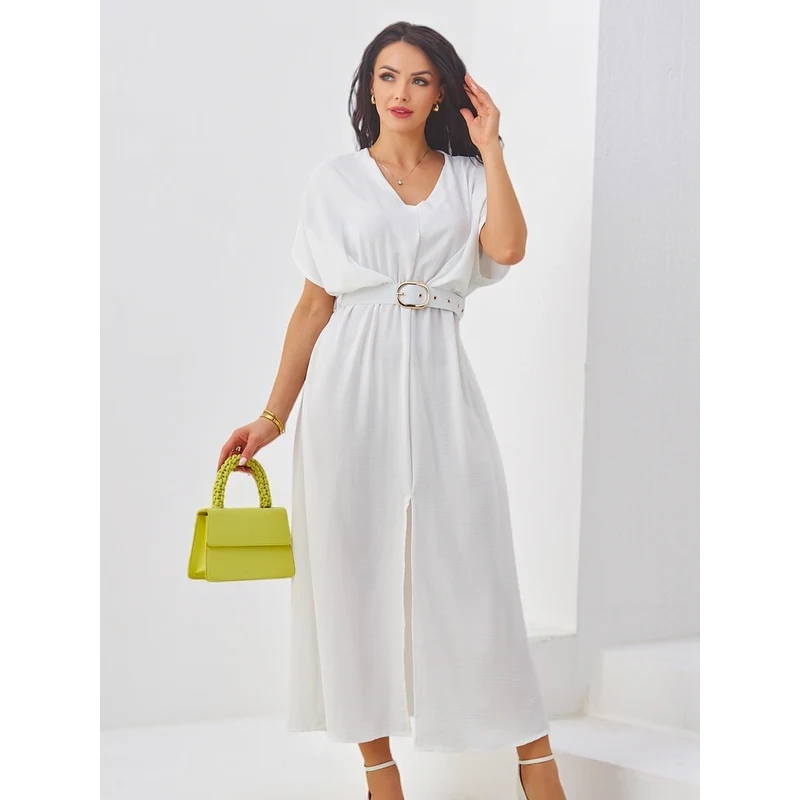 Resti Womens midi dress with short sleeves, V-neck and front