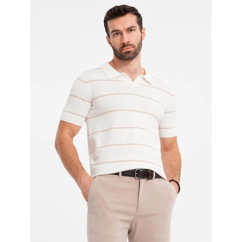 Ombre Clothing Pánská béžová pruhovaná polokošile V4 POSS-0145
