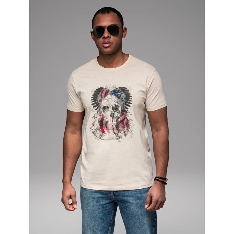 Ombre Clothing Zajímavé krémové tričko s potiskem V1 TSPT-0199