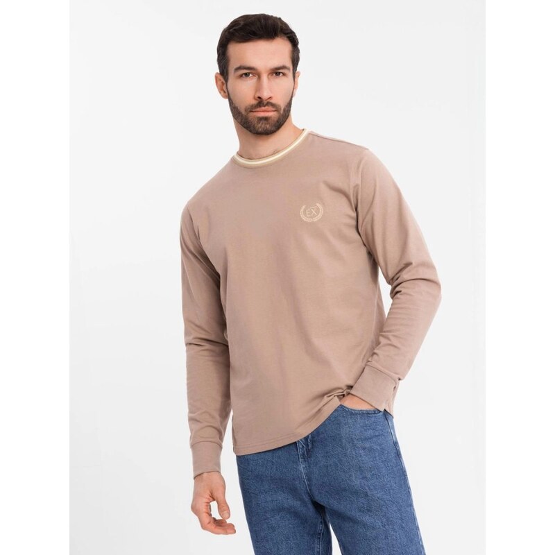 Ombre Clothing Moderní hnědé tričko s dlouhým rukávem a s logem