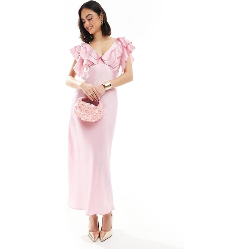 New Look ruffle sleeve satin midi dress in pink