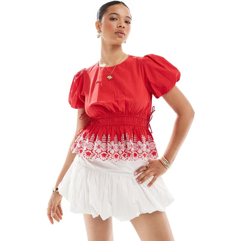 New Look puff sleeve embroidered hem top in red 105642708