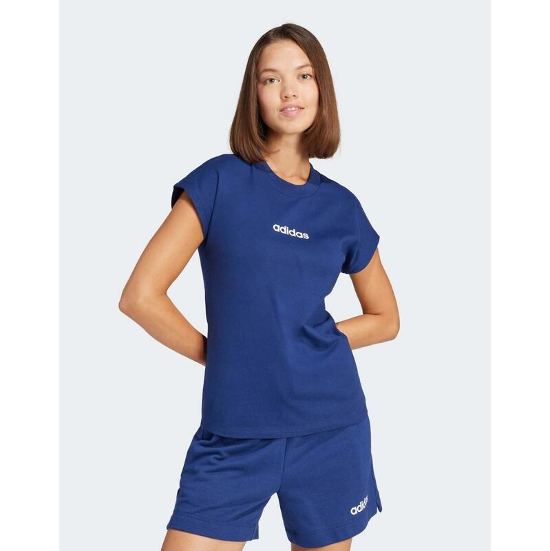 adidas performance Essentials linear cotton tee in dark blue /