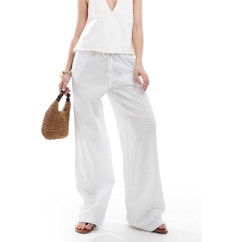 Monki wide leg drawstring seersucker trousers in blue and white stripe 105642802