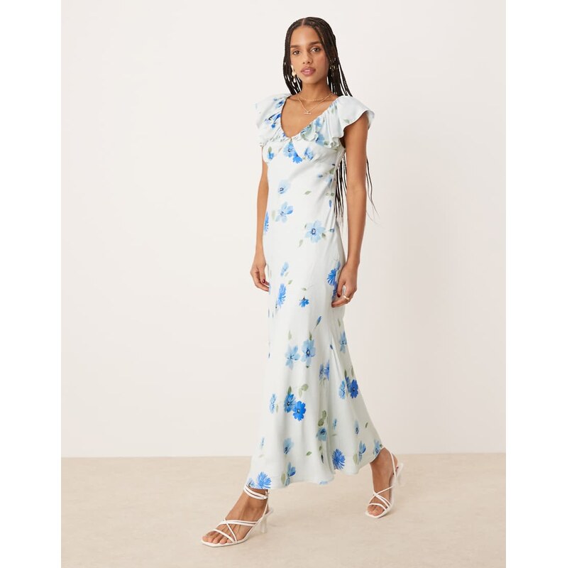 Nobodys Child Abelia ruffle shoulder midi dress in blue floral 105646633
